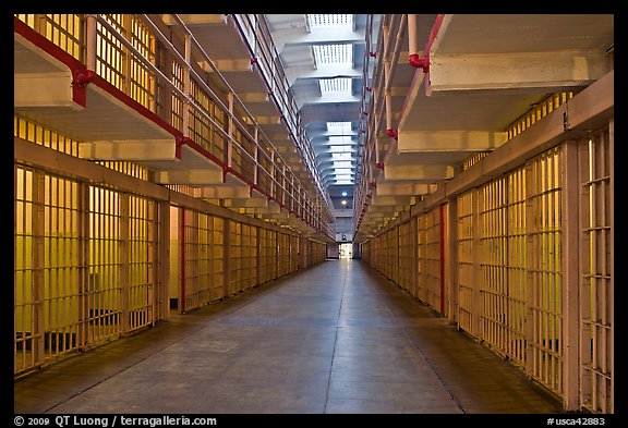 Row of prison cells, main block, Alcatraz prison interior. San Francisco, California, USA (color)