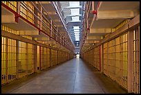 Row of prison cells, main block, Alcatraz prison interior. San Francisco, California, USA ( color)