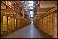 Row of prison cells, main block, Alcatraz prison interior. San Francisco, California, USA (color)