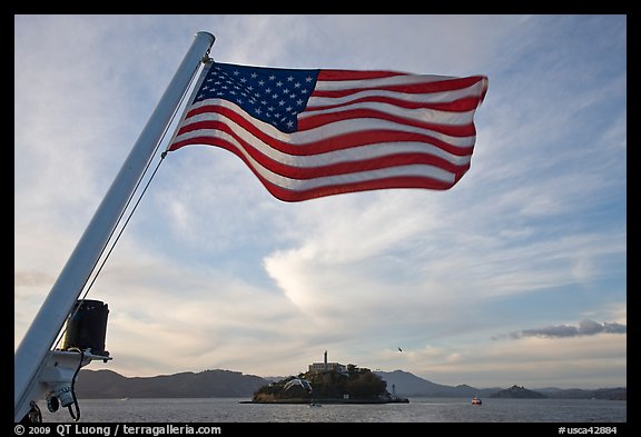 American Flag and Alcatraz Island. San Francisco, California, USA (color)
