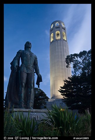 Columbus statue and Coit Tower, dusk. San Francisco, California, USA