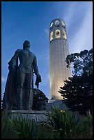 Columbus statue and Coit Tower, dusk. San Francisco, California, USA