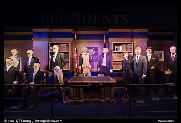 Wax figures of presidents with one outlier, Madame Tussauds. San Francisco, California, USA