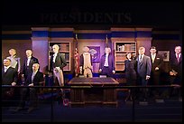 Wax figures of presidents with one outlier, Madame Tussauds. San Francisco, California, USA