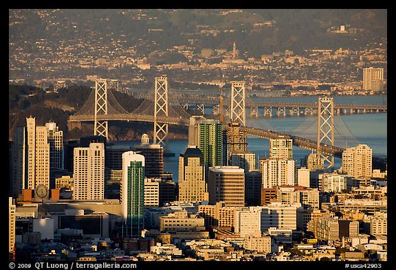San Francisco high-rises, Bay Bridge, Yerba Buena Island, and East Bay. San Francisco, California, USA