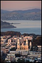 St Ignatius church, USF, and San Francisco Bay at sunset. San Francisco, California, USA