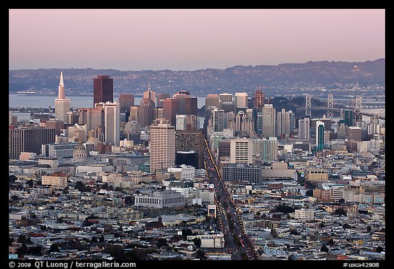 San Francisco skyline view from above at dusk. San Francisco, California, USA