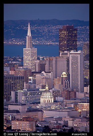 City Hall and Transamerica Pyramid at night. San Francisco, California, USA (color)
