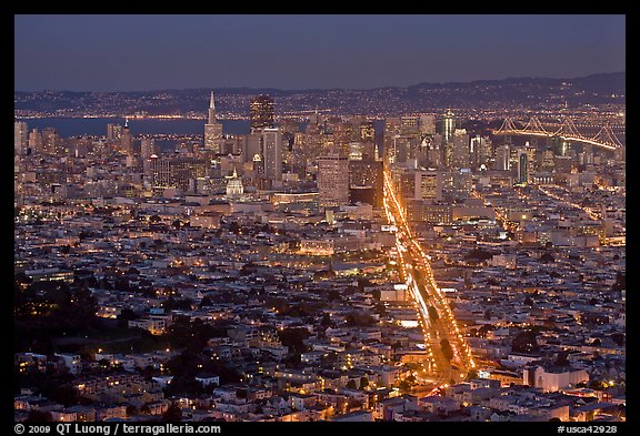 Wide night view of San Francisco from above. San Francisco, California, USA (color)
