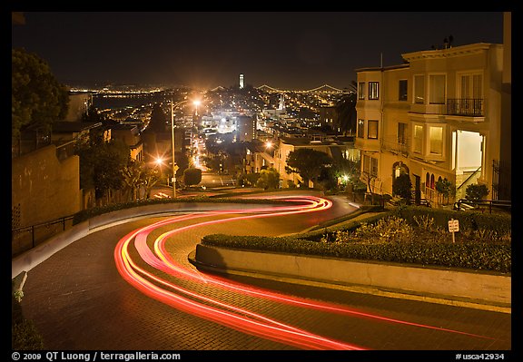 Crooked section of Lombard Street at night. San Francisco, California, USA