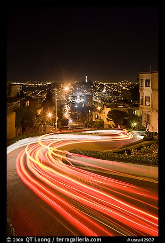 Light blurs on Lombard Street at night. San Francisco, California, USA