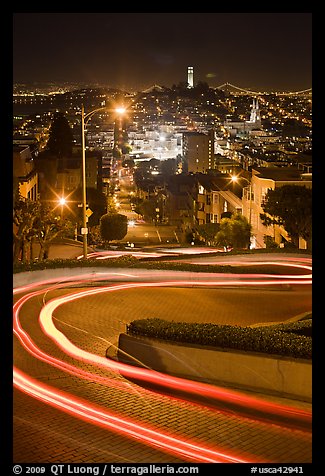 Tight hairpins turn by night on Lombard Street. San Francisco, California, USA (color)