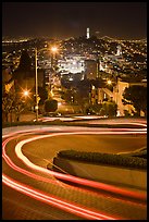 Tight hairpins turn by night on Lombard Street. San Francisco, California, USA