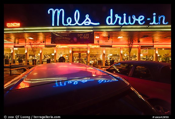 Mels drive-in restaurant at night. San Francisco, California, USA