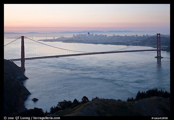 Golden Gate Bridge, San Francisco Bay, and city at dawn. San Francisco, California, USA