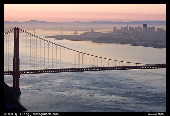 Golden Gate Bridge, San Francisco, and Bay Bridge at dawn. San Francisco, California, USA