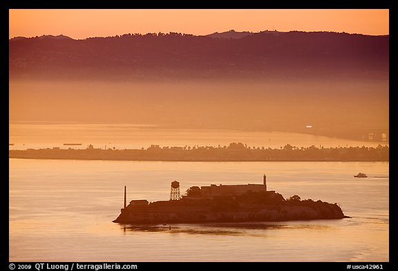 Sunrise, Alcatraz Island and Treasure Island. San Francisco, California, USA (color)