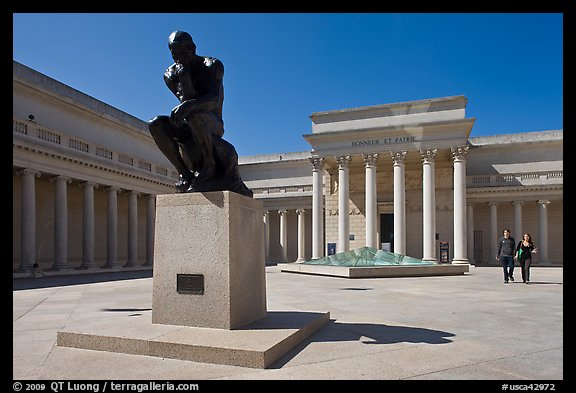 Forecourt of California Palace of the Legion of Honor with The Thinker by Auguste Rodin. San Francisco, California, USA (color)