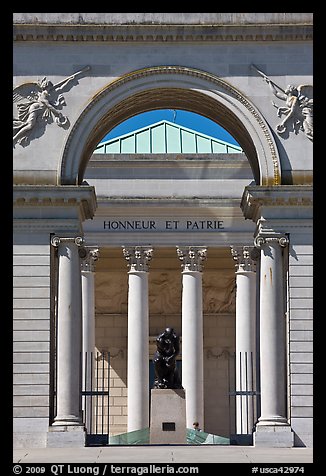 The Thinker by Rodin in front of Palace of the Legion of Honor museum, Lincoln Park. San Francisco, California, USA (color)