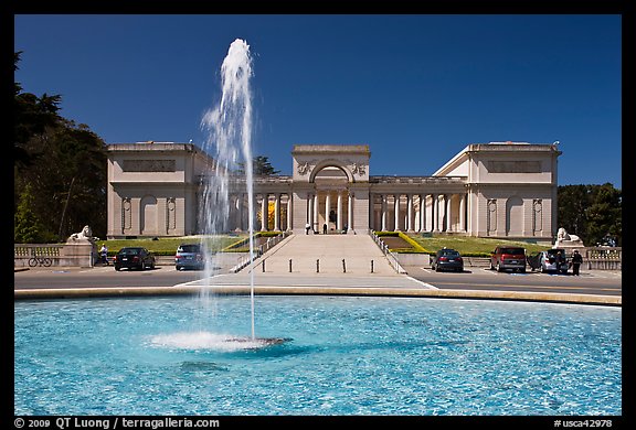 Fountain and California Palace of the Legion of Honor, marking terminus of Lincoln Highway. San Francisco, California, USA (color)