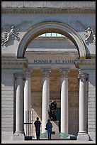 Entrance, Rodin sculpture, and tourists, California Palace of the Legion of Honor museum. San Francisco, California, USA (color)