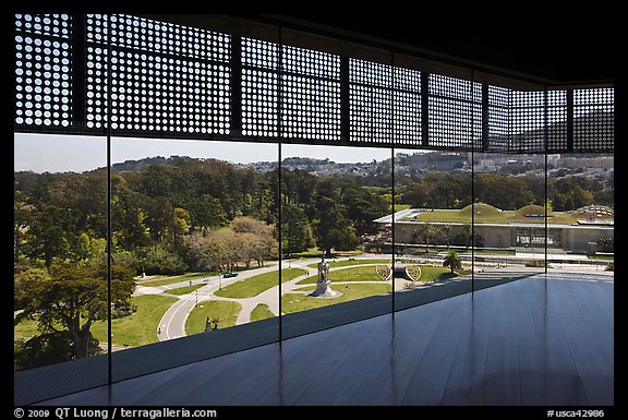 View over California Academy of Sciences building from top of De Young museum. San Francisco, California, USA (color)