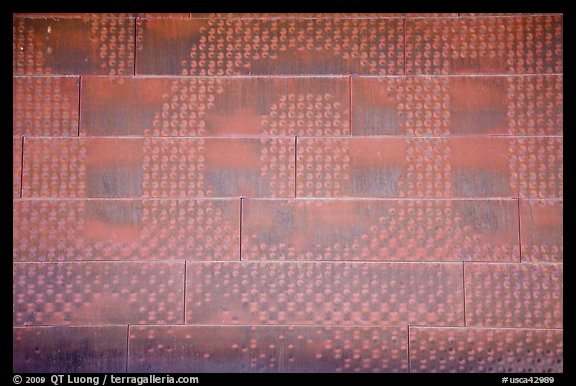 Copper wall detail with first 3 letters, De Young museum. San Francisco, California, USA (color)