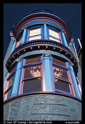 Brightly painted blue tower of Victorian house, Haight-Ashbury District. San Francisco, California, USA