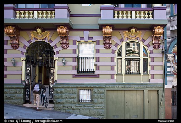 Facade of house on steep street, Haight-Ashbury District. San Francisco, California, USA (color)