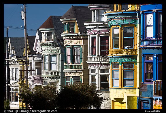 Row of brightly painted Victorian houses, Haight-Ashbury District. San Francisco, California, USA (color)