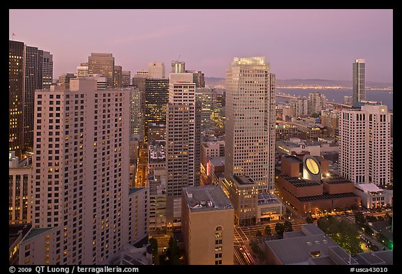 High-rise buildings and SF MOMA at dusk from above. San Francisco, California, USA