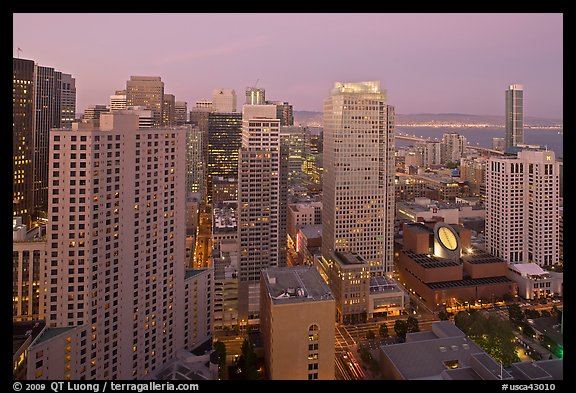 High-rise buildings and SF MOMA at dusk from above. San Francisco, California, USA (color)