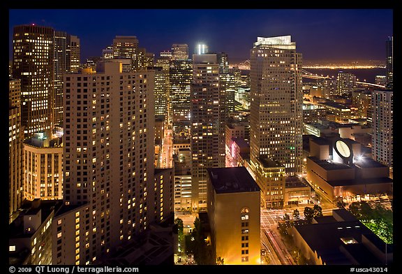 High-rise buildings and SF MOMA at night from above. San Francisco, California, USA