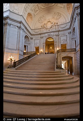 Interior grand stairs, City Hall. San Francisco, California, USA (color)