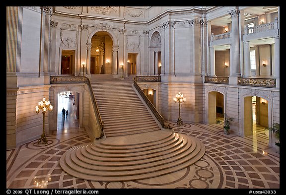 Grand staircase inside City Hall. San Francisco, California, USA (color)