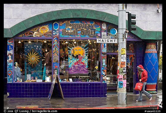 Rainny sidewalk and store with psychadelic colors. San Francisco, California, USA (color)