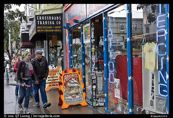 Sidewalk with bohemian-looking people. San Francisco, California, USA (color)