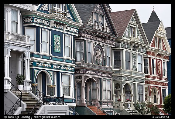 Row of elaborately decorated victorian houses. San Francisco, California, USA (color)