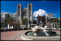 Fountain and Grace Cathedral, Nob Hill. San Francisco, California, USA (color)