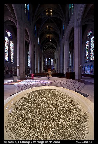 Stoup and Grace Cathedral nave. San Francisco, California, USA