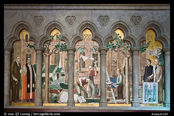 Fresco depicting building of the current cathedral, Grace Cathedral. San Francisco, California, USA (color)