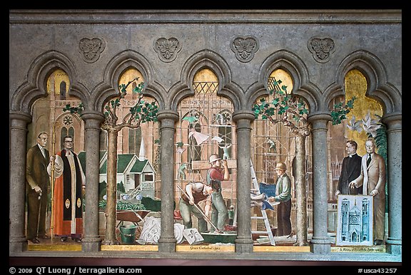 Fresco depicting building of the current cathedral, Grace Cathedral. San Francisco, California, USA