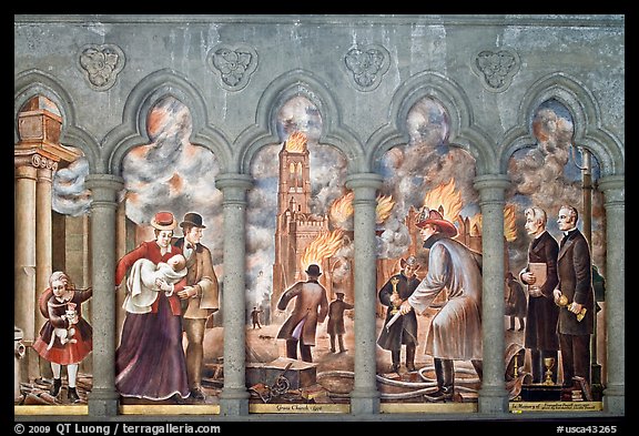 Fresco depicting the fire destroying the old Grace Cathedral, Grace Cathedral. San Francisco, California, USA