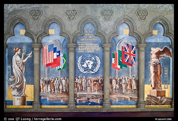 Fresco memorializing the founding of the United Nations, Grace Cathedral. San Francisco, California, USA (color)