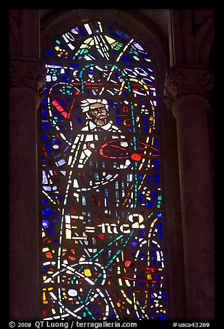 Stained glass window with Einstein figure and famous energy equation, Grace Cathedral. San Francisco, California, USA