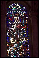 Stained glass window with Einstein figure and famous energy equation, Grace Cathedral. San Francisco, California, USA (color)