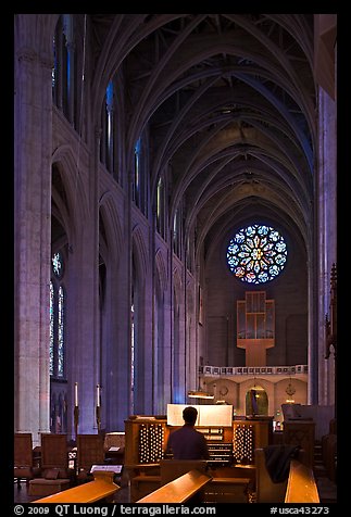 Organist, nave, and rose window, Grace Cathedral. San Francisco, California, USA (color)