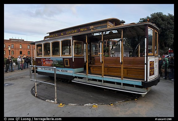 Cable car on turn table. San Francisco, California, USA (color)