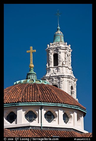 Roof and bell tower, Mission Dolores Basilica. San Francisco, California, USA (color)