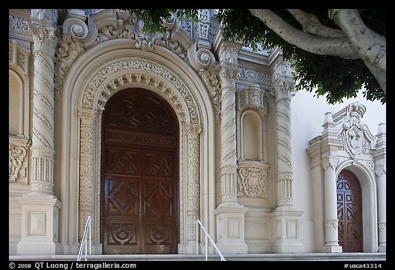 Facade detail with doors, Mission Dolores Basilica. San Francisco, California, USA